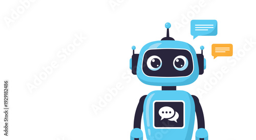 Friendly blue chatbot robot character standing with digital speech bubbles representing artificial intelligence customer support and communication technology.