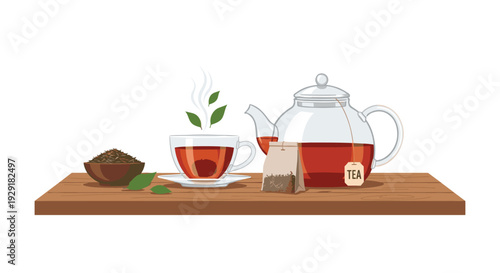 Still life illustration of a glass teapot and teacup filled with warm tea sitting on a rustic wooden board with tea leaves and a bowl.