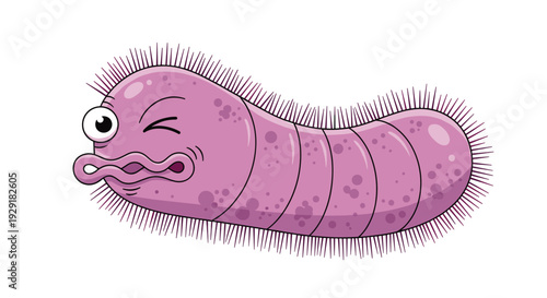 Whimsical cartoon character of a purple microbe or bacterium with a funny winking expression and fine cilia hairs on a plain white background.