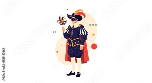 Man dressed in a classic renaissance or masquerade costume with a hat, cape, and handheld mask standing against an abstract decorative background.