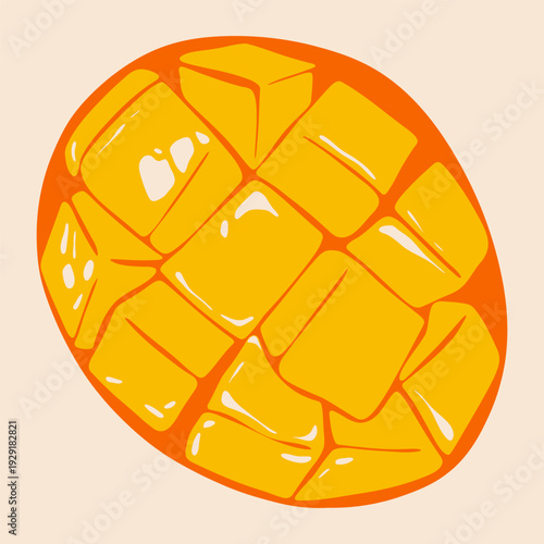 Ripe cubed mango. Fresh sliced tropical fruit, chopped organic sweet mango healthy diet food, vintage exotic plant for juice or smoothie. Vector cartoon isolated illustration