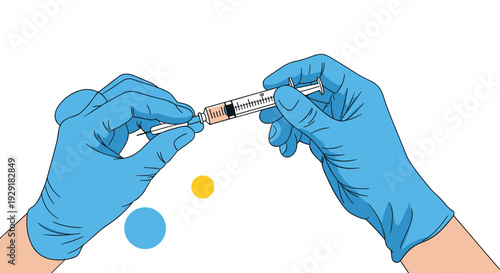 Medical professional hands wearing blue protective gloves carefully preparing a syringe for an injection or vaccination on a clean background.
