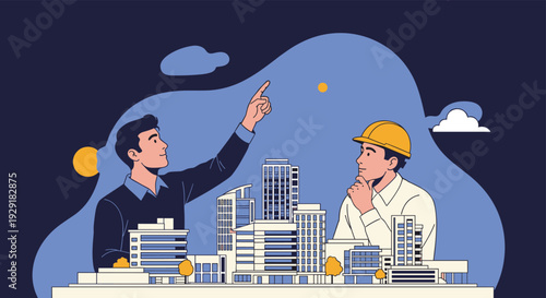 Architect in a hard hat and a professional colleague discussing a detailed miniature city model with modern high-rise buildings and trees.