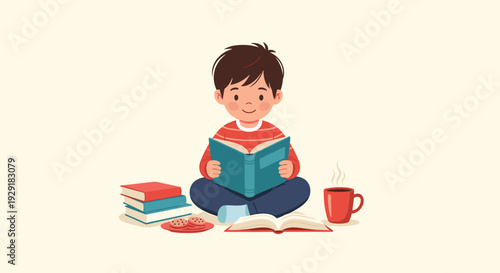 Cozy illustration of a young boy sitting on the floor reading a book with a snack of cookies and a hot steaming beverage nearby.