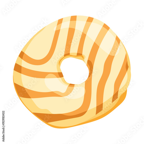 Flat vector illustration vanilla glazed donut, cute dessert with bite mark isolated on white background for menu and food blog design.