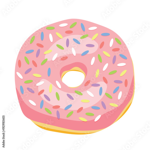 Flat vector illustration pink, strawberry glazed donut with sprinkles, cute dessert with bite mark isolated on white background for menu and food blog design