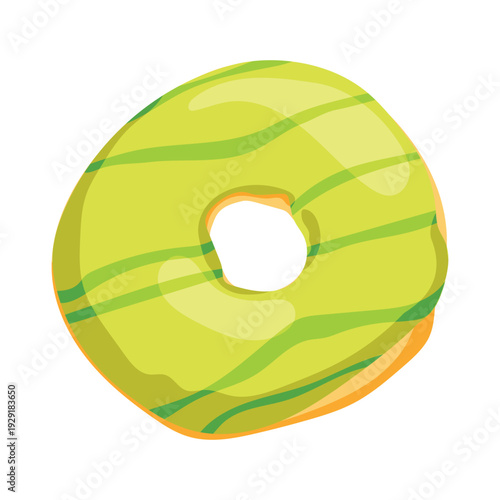 Flat vector illustration pistachio glazed donut, cute dessert with bite mark isolated on white background for menu and food blog design