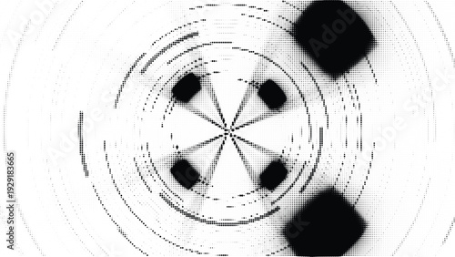Abstract circular design with intersecting lines and black shapes on a transparent grid, creating a radial pattern and visual interest