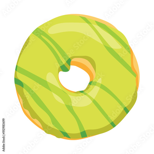 Flat vector illustration pistachio glazed donut, cute dessert with bite mark isolated on white background for menu and food blog design.