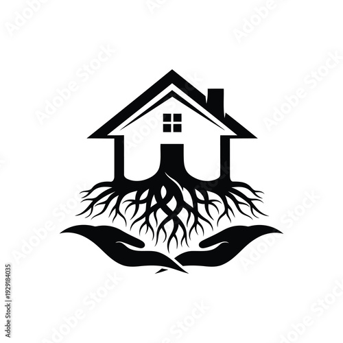 Stylized house with roots in hands symbolizing care and protection