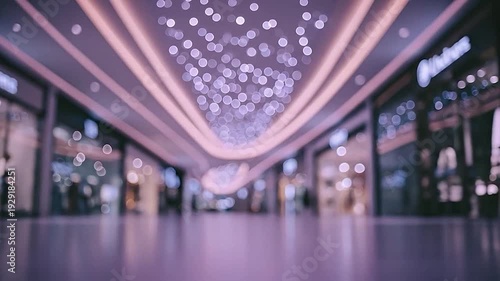 Vibrant bokeh lights illuminate a blurred modern shopping mall interior.