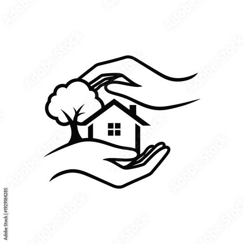 Hands cradling a house with a tree, symbolizing protection and care