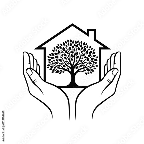 Hands cradling a house with a tree inside for eco friendly living