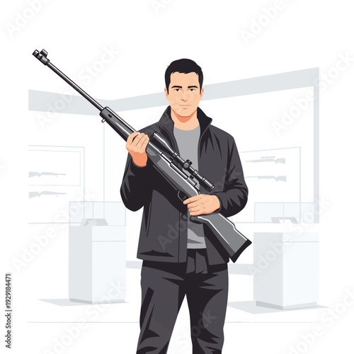 Man holding sniper rifle in store, weapon display, hunting, sport shooting concept