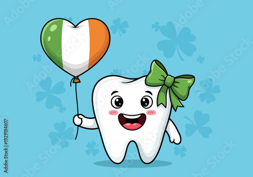Cute cartoon tooth holding irish flag heart balloon