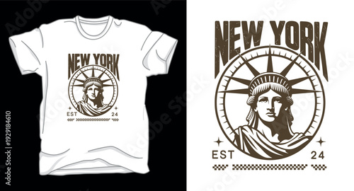 T-shirt design print illustration New York statue liberty vintage t-shirt design compass badge graphic