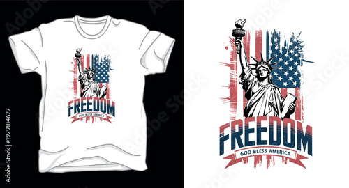 T-shirt design print illustration Freedom statue liberty t-shirt design with usa flag and ribbon text