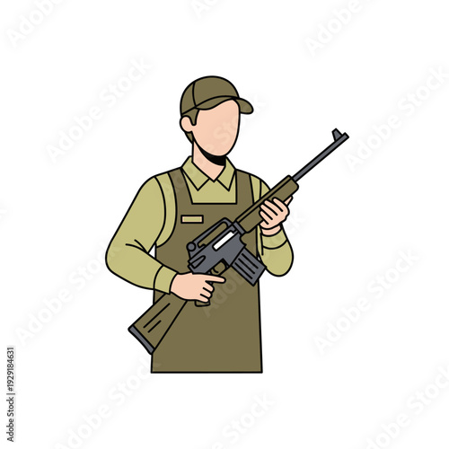 Man in Uniform Holding Rifle Gun, Hunting and Security Concept