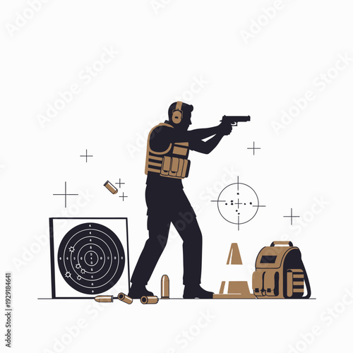 Man practicing shooting at target range with pistol and protective gear