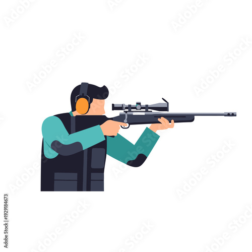 Man with rifle and scope aiming, wearing ear protection. Flat vector illustration.