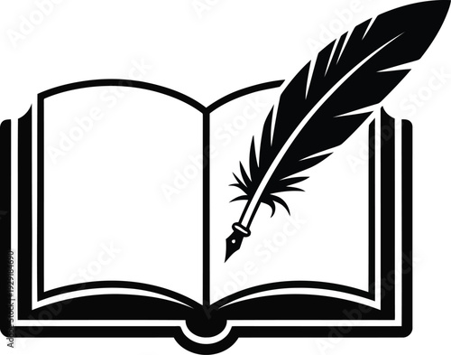 An open book with a feather quill pen on a white background