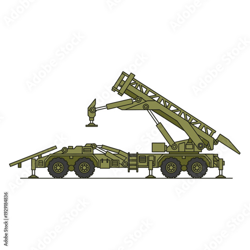 Military missile launcher vehicle, modern army technology, defense system, green color, isolated