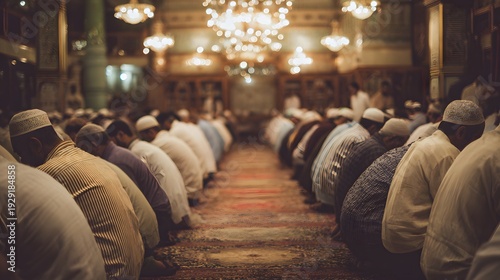Muslim men gather in a grand hall, performing sacred Eid prayers with deep devotion, symbolizing spiritual unity and communal faith celebration.