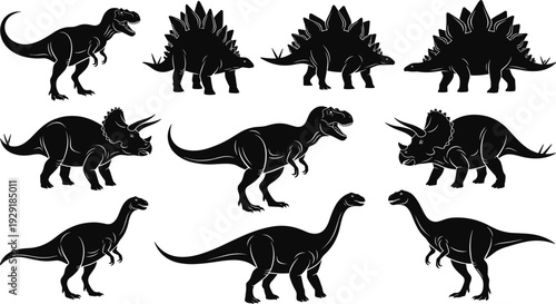 Dinosaur silhouettes collection, black vector illustration set of T rex, triceratops, stegosaurus and sauropod isolated on white background for design