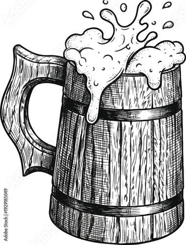 Hand Drawn Vintage Wooden Beer Mug with Splashing Foam Vector Illustration, Retro Rustic Wooden Tavern Pint Glass with Splash Isolated Cutout