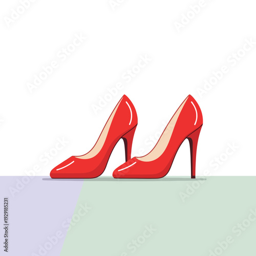 Red high heels on floor, colorful vector illustration. Fashion style and shoes for party, celebration or formal event. Glamour accessories for women 