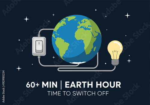 Earth hour illustration earth connected to light switch and bulb