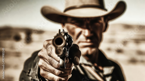 The cowboy holds a revolver in his hands and aims to shoot.