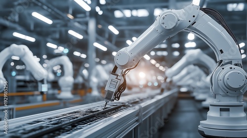 Automated assembly line in modern factory with robotic arms