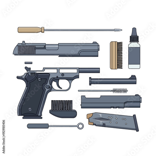 Pistol Maintenance Kit: Disassembled Handgun and Cleaning Tools