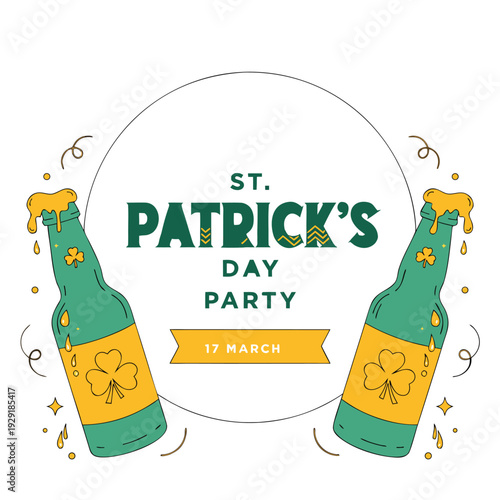 St patricks day party invitation with overflowing beer bottles and date 17 march