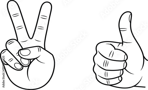 Hand gesture icon set with victory peace sign and thumbs up for positive communication and success