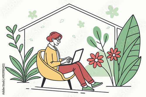 A person working remotely on a laptop in a comfortable chair surrounded by nature and flowers