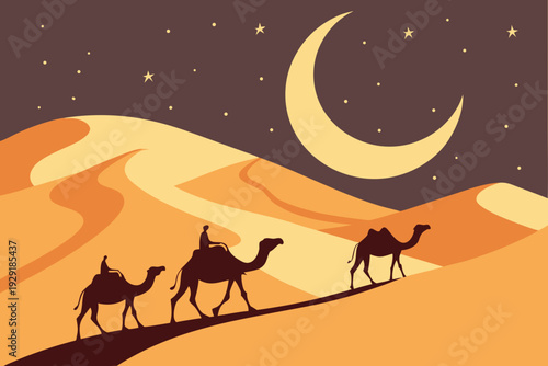 Camels traverse desert dunes under a crescent moon and starry night sky, a classic caravan journey.