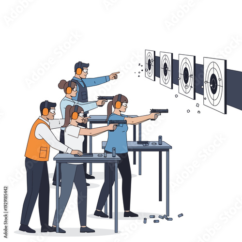 People practicing shooting at an indoor gun range. Target practice and training.