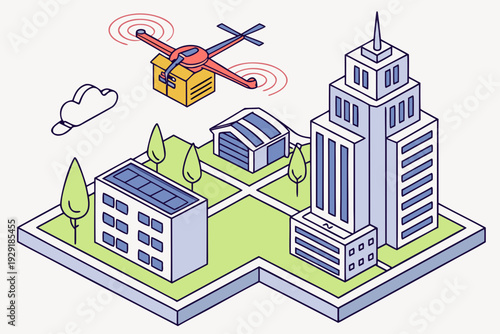 Autonomous drone delivers package over modern city, showcasing e-commerce logistics and future transportation technology