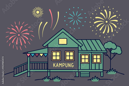 Colorful fireworks illuminate a traditional kampung house at night during a festive celebration
