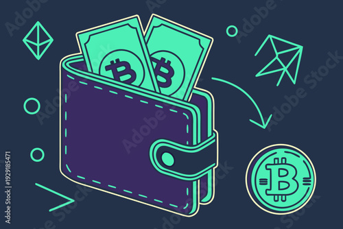 Digital Bitcoin Wallet Filled with Cryptocurrency Bills and Coins