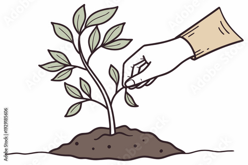 Hand carefully planting a small green seedling into rich soil, symbolizing growth and environmental care.