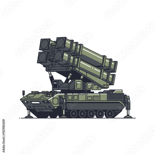 Pixel Art Missile Launcher Vehicle, Military Rocket System, Retro Game Style