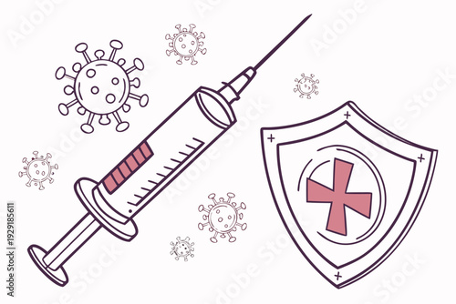Medical syringe and shield protecting against viruses, symbolizing health and vaccination