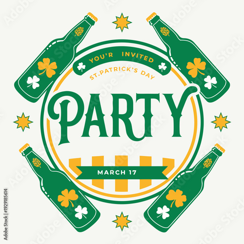 St patricks day party invitation banner with green beer bottles and clover leaves on circular frame with march 17 date on ribbon background