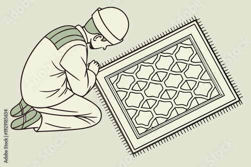 Muslim man kneeling on a prayer mat performing religious worship, a vector art illustration