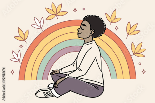 Person meditating peacefully with a rainbow and autumn leaves in the background