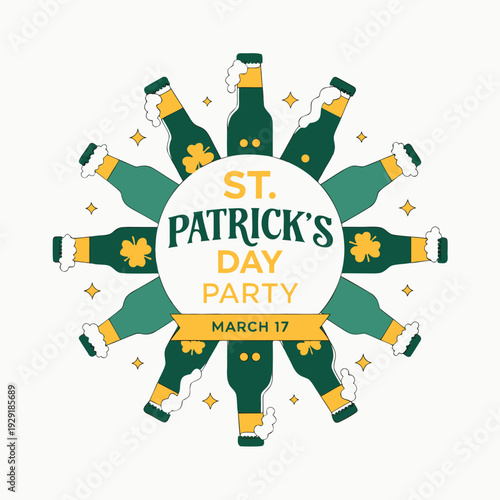 St patricks day party circular badge with ring of foaming beer bottles and shamrock decorations for march 17th festive event marketing flyer