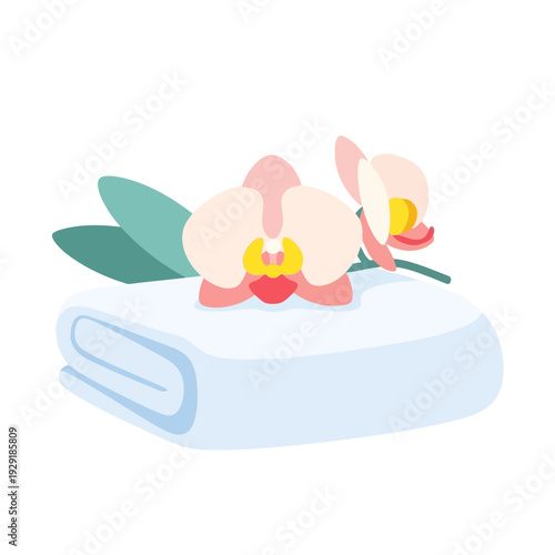 Orchid flowers on folded towel, colored vector illustration. Spa and relaxing rituals, cozy bathroom at hotel or at home. Peace and quiet